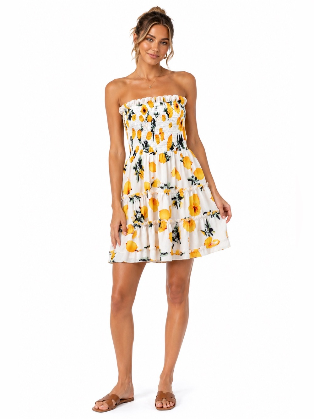 Angashion Lemon Print Strapless Smocked Tiered Midi Dress Size M